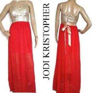 Jodi Kristopher Red & Gold Sequin Prom Ball Gown Size 7 Formal Evening Dress